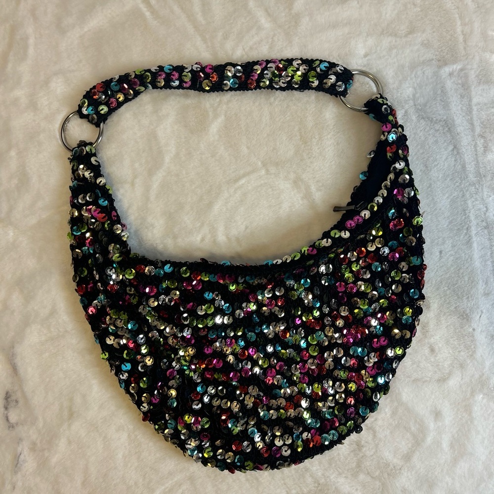 Vintage Y2K Sequin Shoulder bag black multicolor sparkle mini purse party bag - Picture 2 of 8